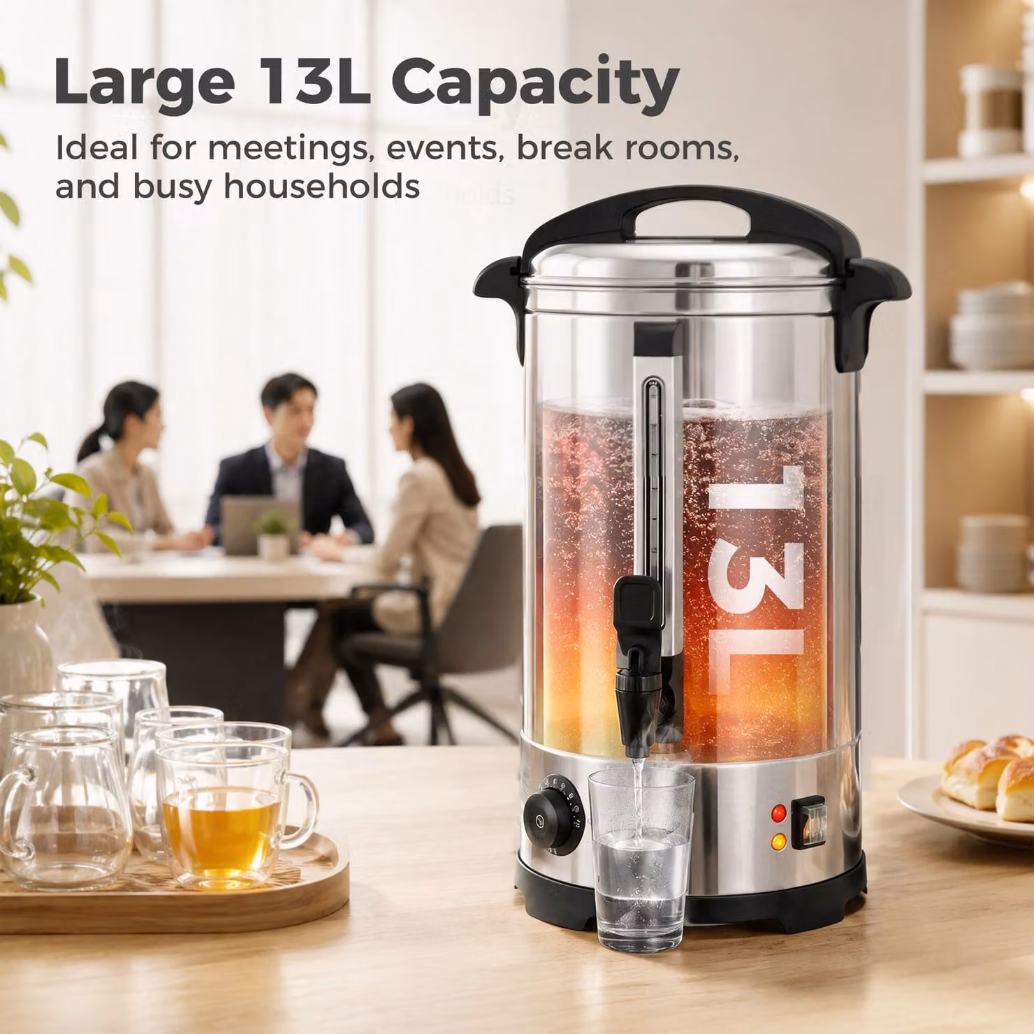 HOMCOM 13L Catering Hot Water Boiler Dispenser, 2500W Stainless Steel Urn in Silver with Thermostat and Keep Warm Function – 3