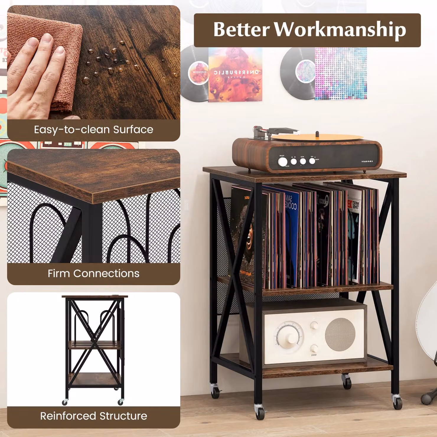 Costway Brown Industrial Record Player Stand and Vinyl Storage Cabinet with Media Compartments and Castors – 6