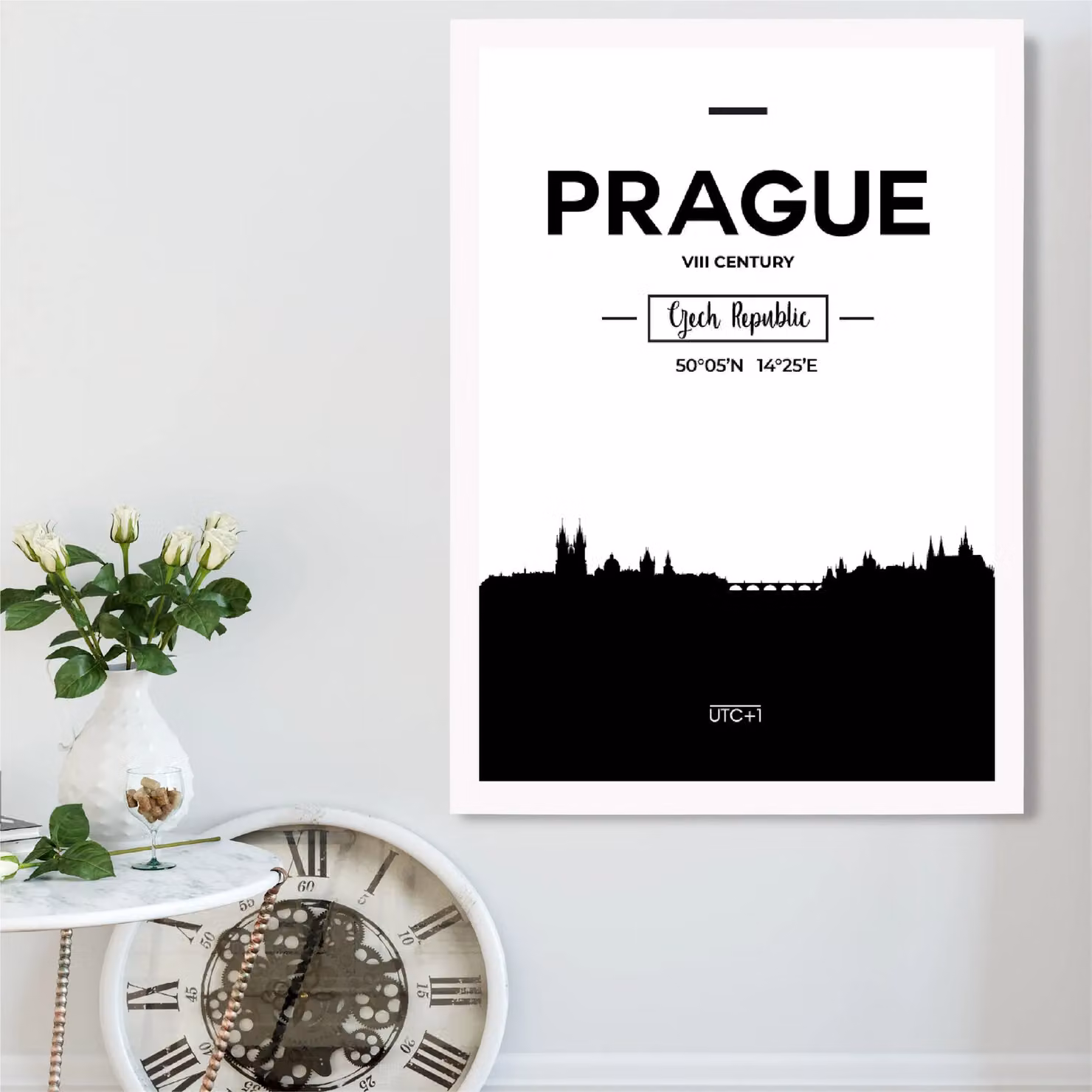 ARTZE Prague Black and White City Skyline Framed Print, A3, White Frame – 2