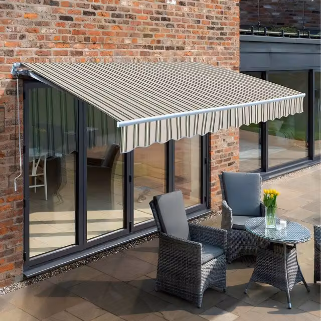 Primrose Multistripe Manual Retractable Awning with White Aluminium Frame, W: 350 cm x D: 250 cm