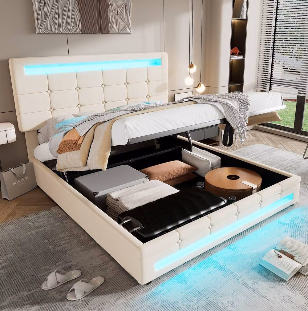STILVORA Double Upholstered Bed with Lift-Up Storage and Under-Bed LED Lighting in Beige, W: 140 cm, D: 200 cm – 2