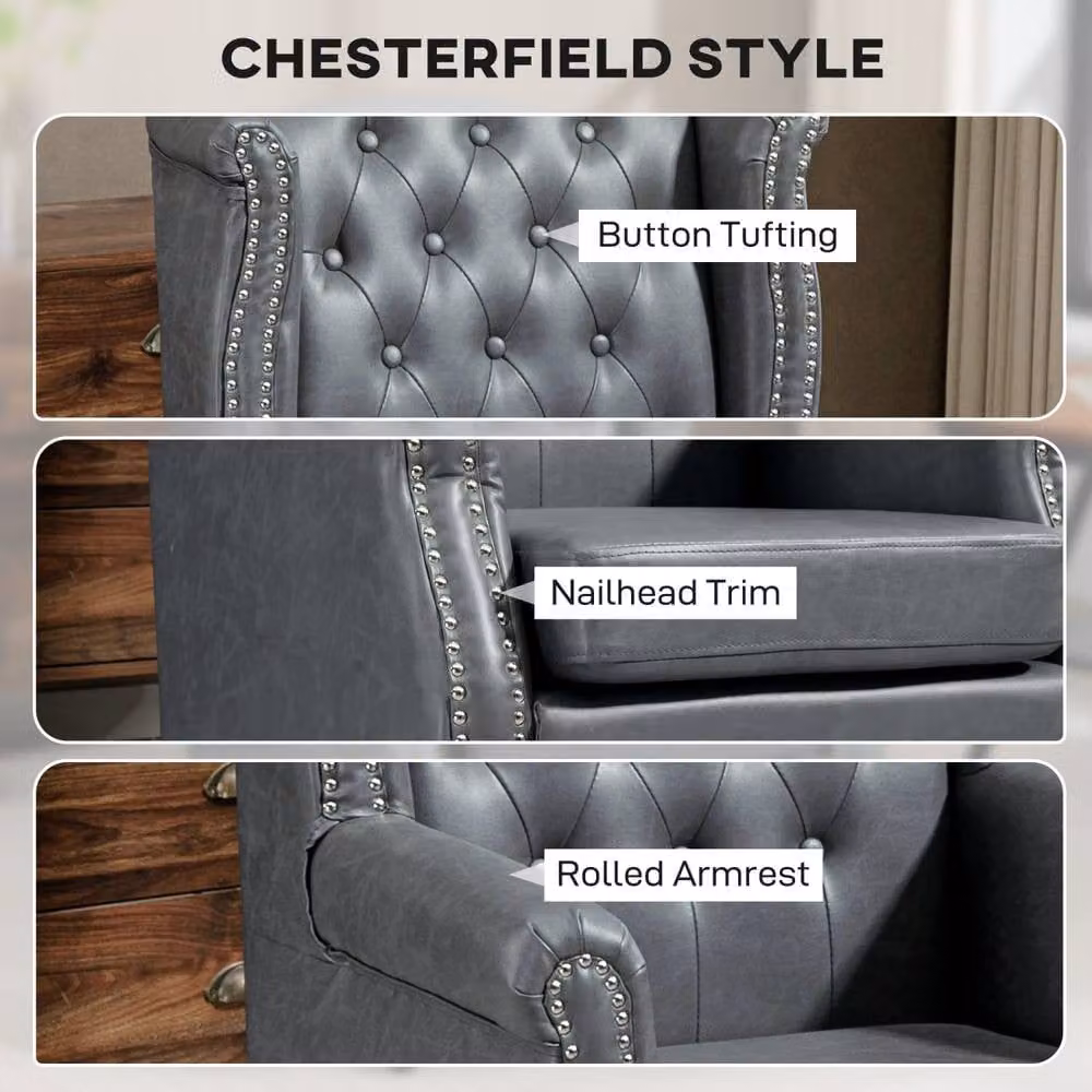 Wyld Haus Radima Grey Faux Leather Chesterfield Wingback Accent Armchair W/D/H: 70 x 70 x 108 cm – 4