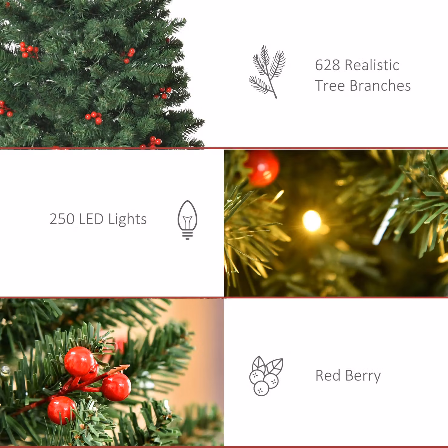 HOMCOM 6ft Prelit Artificial Pencil Christmas Tree with Warm White LED Lights and Red Berries, Green – 6