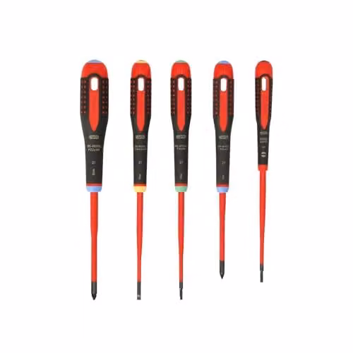 Bahco BE-9872SL Ergo 5 Piece VDE Insulated Slimline SL/PZ/TX Screwdriver Set, Orange