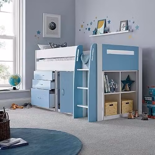 Bedmaster Lacy Kids Mid Sleeper Storage Bed with Blue Orthopaedic Mattress, W/D/H: 190 x 90 x 117 cm, Available in Blue, Grey, Pink and White