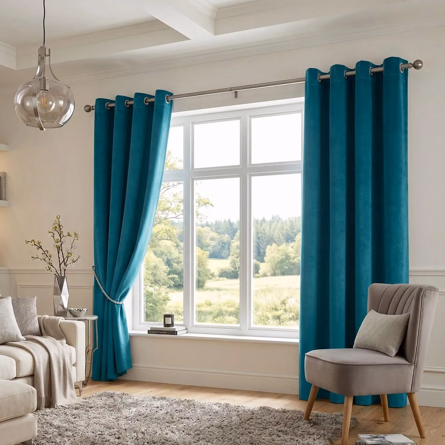 Luxury Living Velvet Thermal Blackout Eyelet Curtains, Petrol, Width: 168 cm, Drop: 137 cm – 6