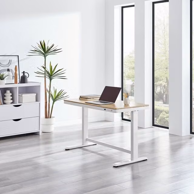 FurnitureboxUK Atticus Electric Height Adjustable Office Desk with Drawer Unit in Oak and White