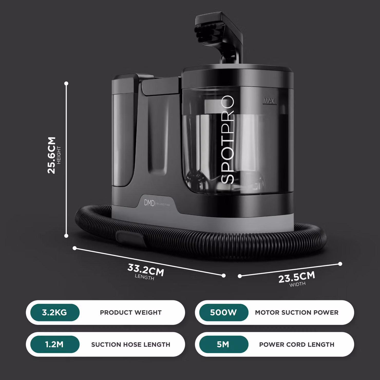 DMD Collective SpotPro Portable Carpet Spot Cleaner, 500W, 1.8L, Black – 2