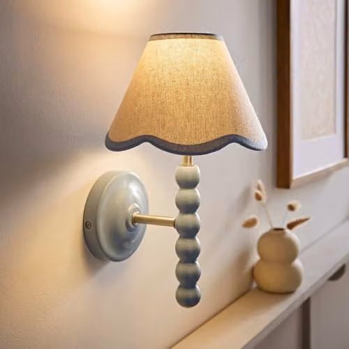 ValueLights Bobbin Pair of Blue and Green Wall Lights with Fabric Cone Shades, Mains Wired