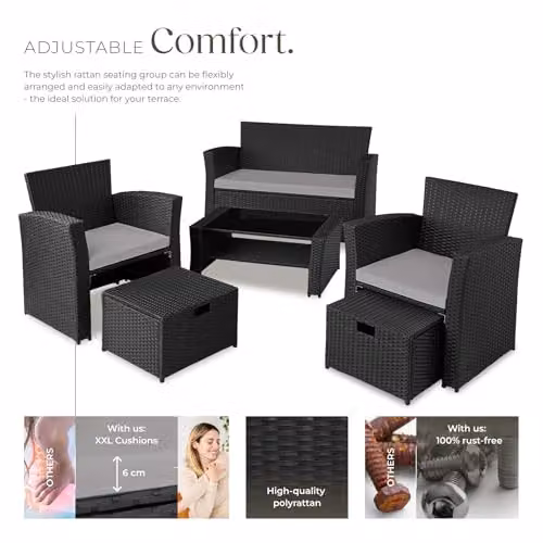 tectake Rattan Garden Furniture Set in Black and Grey with 2-Seater Sofa, Coffee Table, Armchairs, and Ottoman with Upholstered Cushions – 3