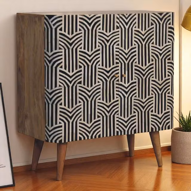 Artisan Furniture Edessa Bone Inlay Cabinet in Brown and Black Solid Wood