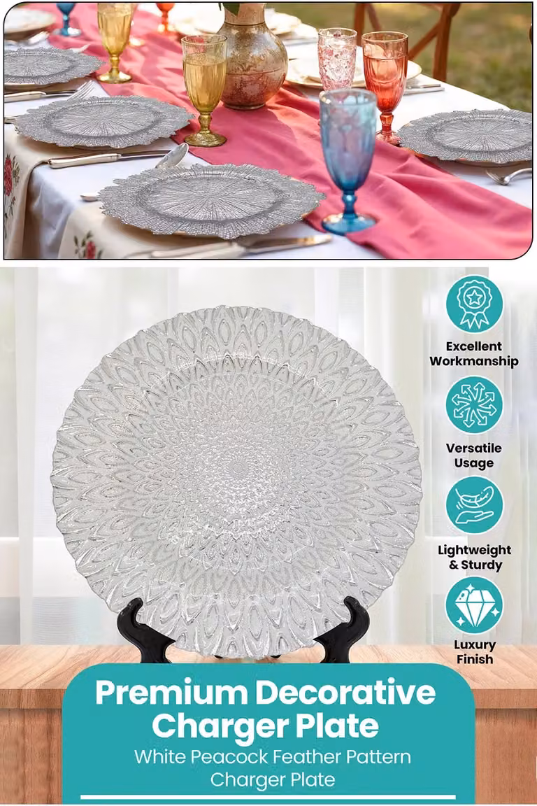 Neel Blue Set of 12 Peacock Design Glass Charger Plates in Blue and Silver, Diameter: 33 cm