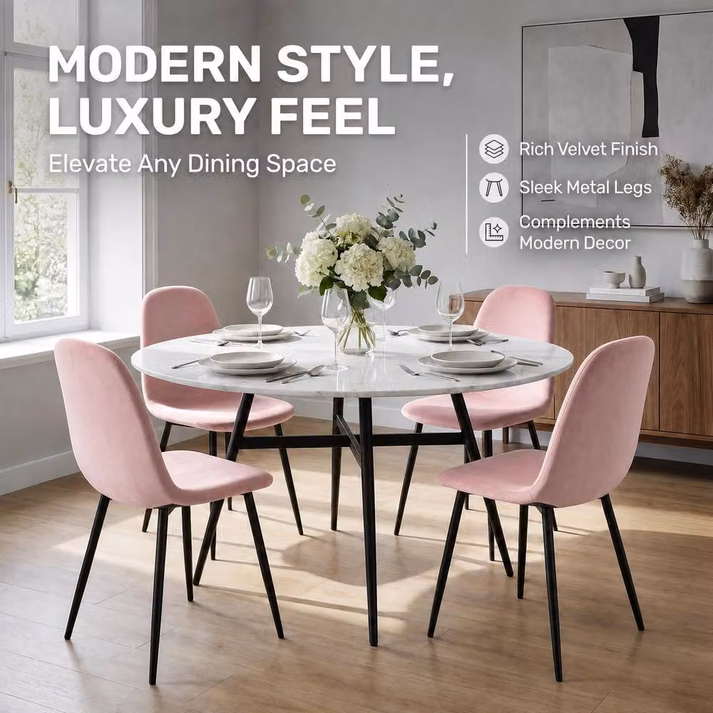 Bravich LTD Ron Velvet Upholstered Dining Chairs with Metal Legs, Pink, 2 Pack – 3