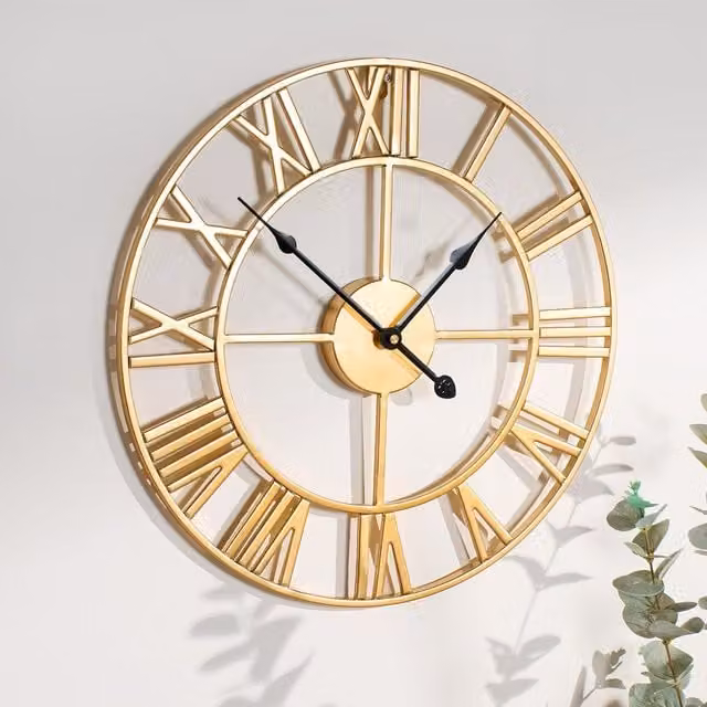 OHS Gold Metal Roman Numerals Skeleton Round Analog Wall Clock