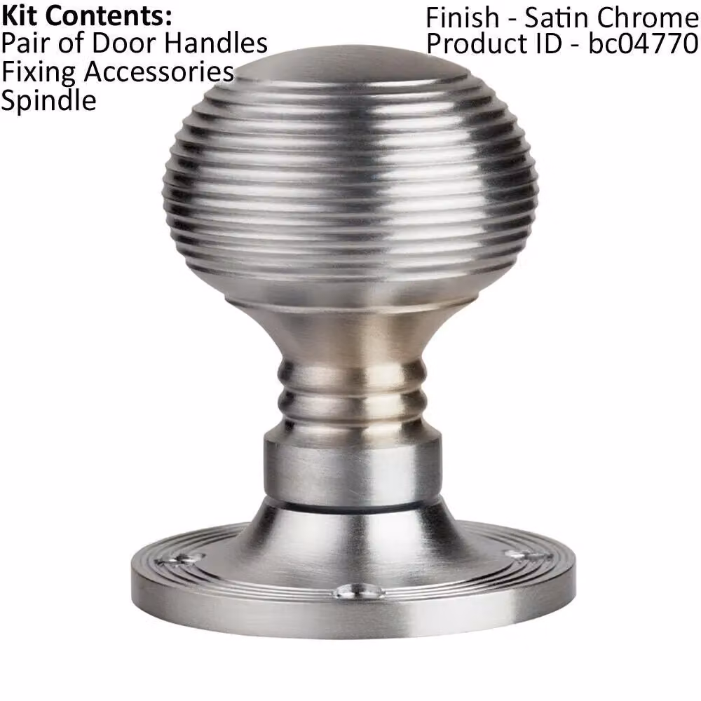 Loops Pair of Textured Rimmed Beehive Mortice Door Knobs, Satin Chrome, 52mm Diameter – 2