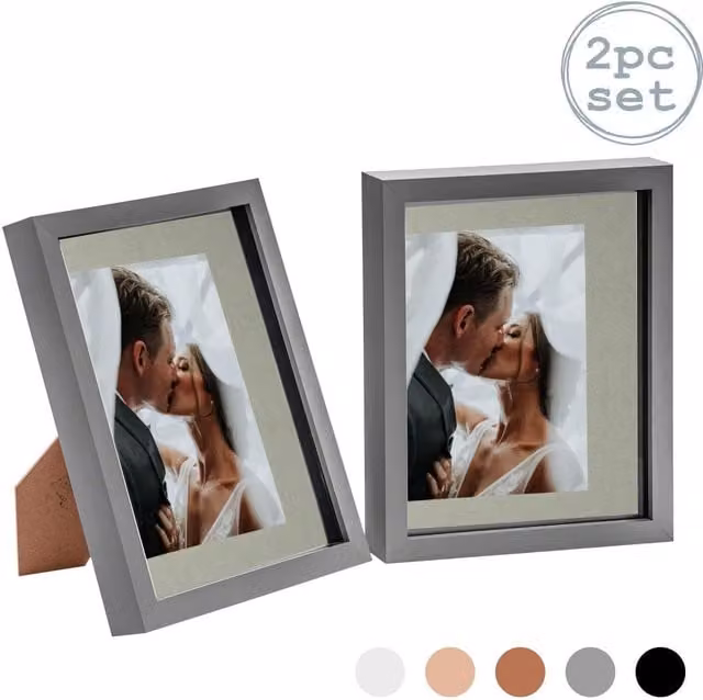 Nicola Spring Pack of 2 Grey Rectangular 3D Box Photo Frames with 5x7 inch Mount, W/H: 25.4 x 20.32 cm