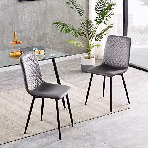 MCC Direct Set of 2 Lexi Velvet Fabric Upholstered Dining Chairs with Metal Legs in Light Grey – 2