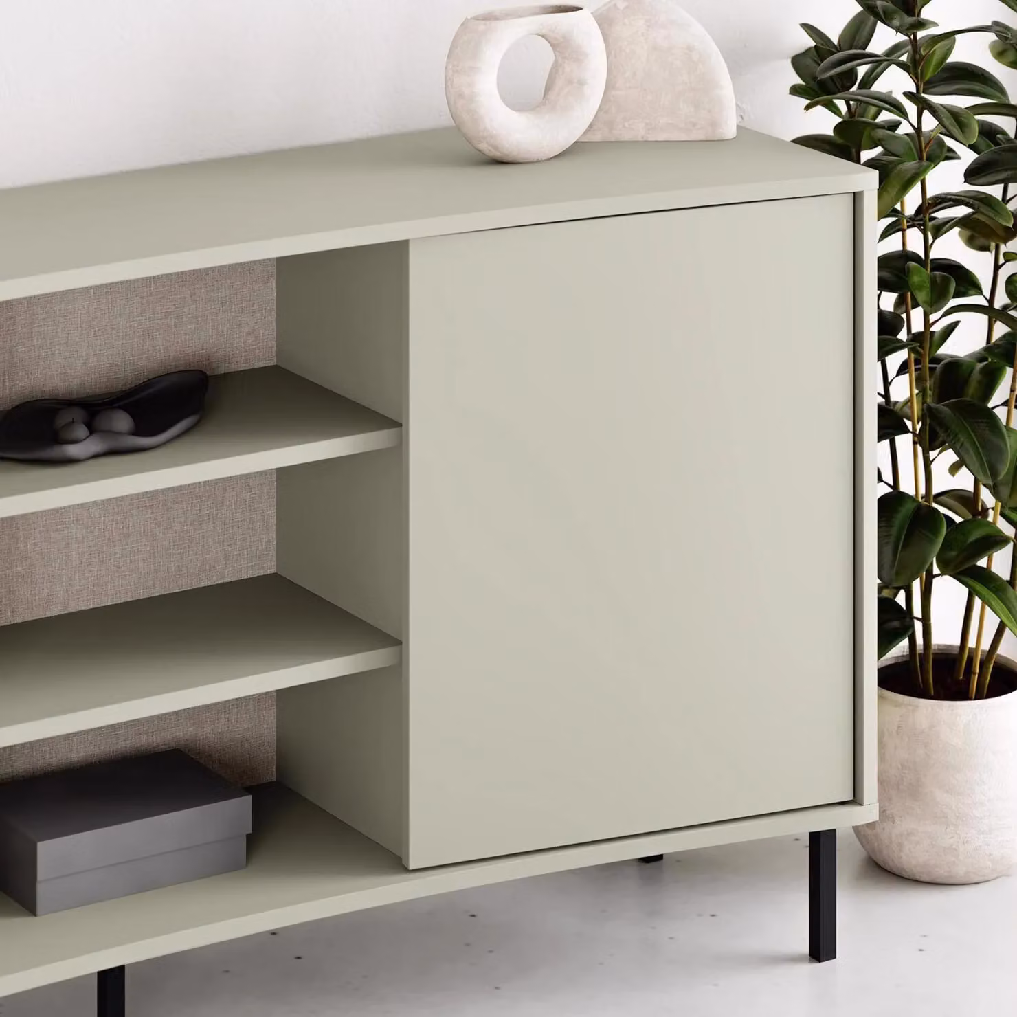 FWStyle Modern 2 Door Curved Sideboard in Ash Green and Black with Matt Metal Finish, W: 150 cm, H: 81 cm, D: 40 cm – 2