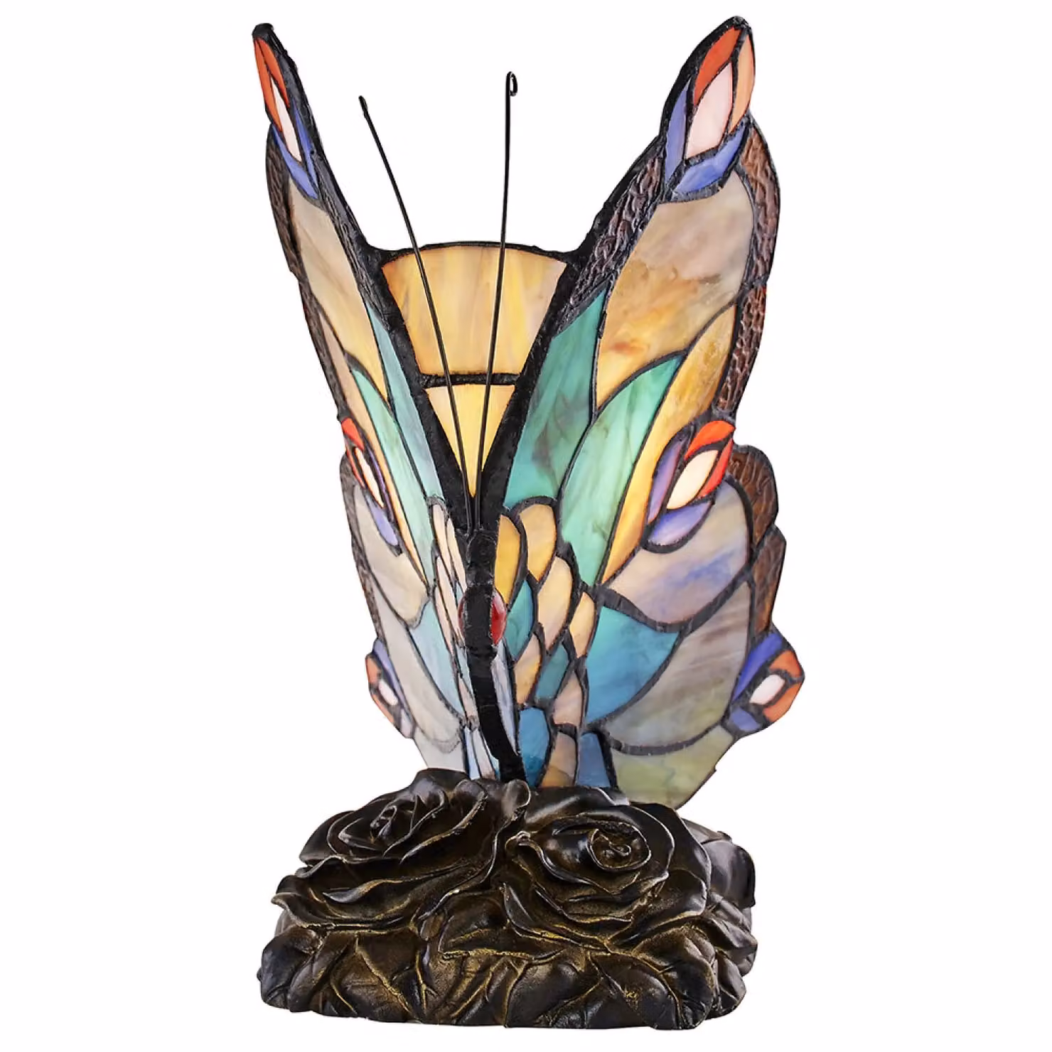 Happy Homewares Multi-Coloured Glass Butterfly Tiffany Table Lamp with Bronze Resin Base, H 40 cm x W 23 cm x D 12 cm – 4