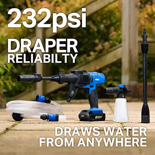 Draper PW16 Cordless Pressure Washer with 2Ah D20 Battery and Charger, 16 Bar, Blue – 2