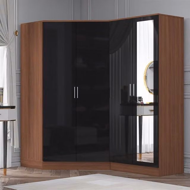REFLECT Wardrobe Bundle featuring a 2 Door Corner Wardrobe and a 2 Door Mirror Wardrobe in Black Gloss and Matt Walnut
