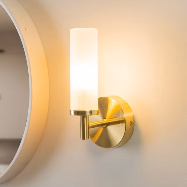 Canya IP44 Frosted Reeded Glass Wall Light in Gold/Brass