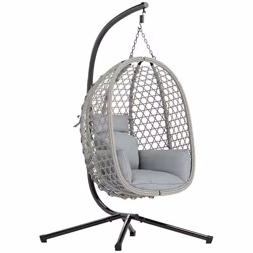 Outsunny Rattan Hanging Egg Chair with Stand in Light Grey – 1