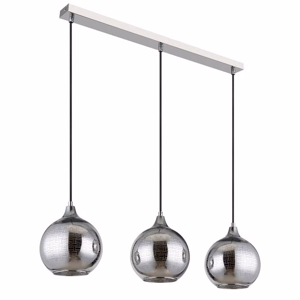 Netlighting Lourdes Bar Pendant Light with White Glass Spheres and Silver Chrome Shade, 3x E27