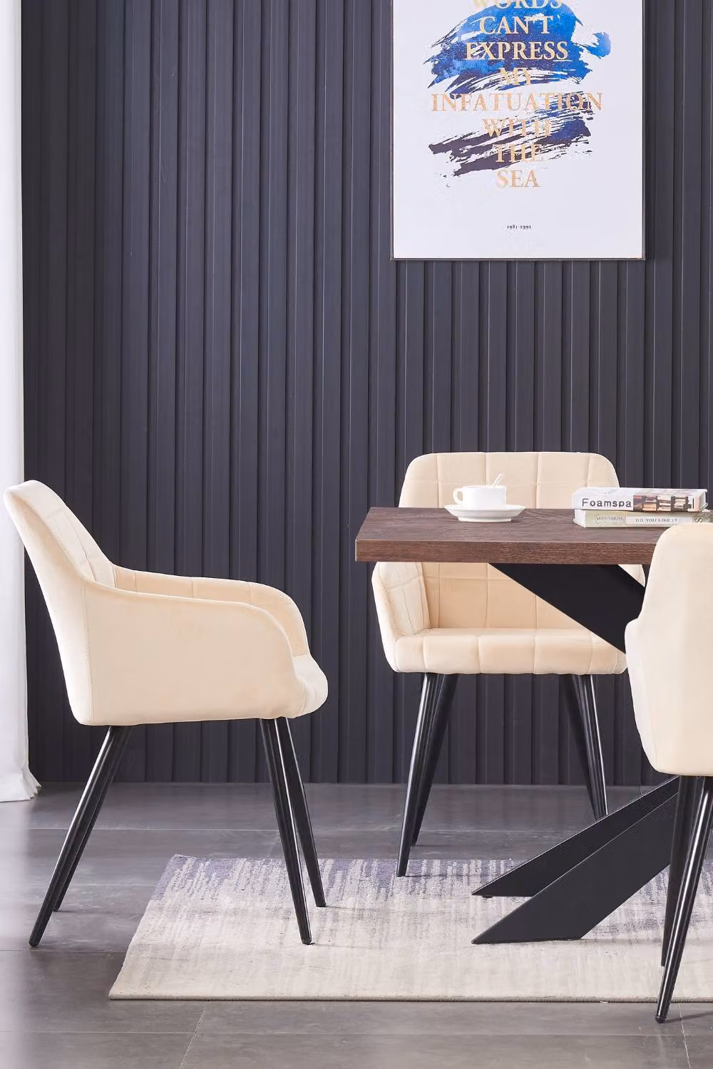 Life Interiors Camden Modern Velvet Dining Chair with Armrests and Metal Legs in Cream – 5