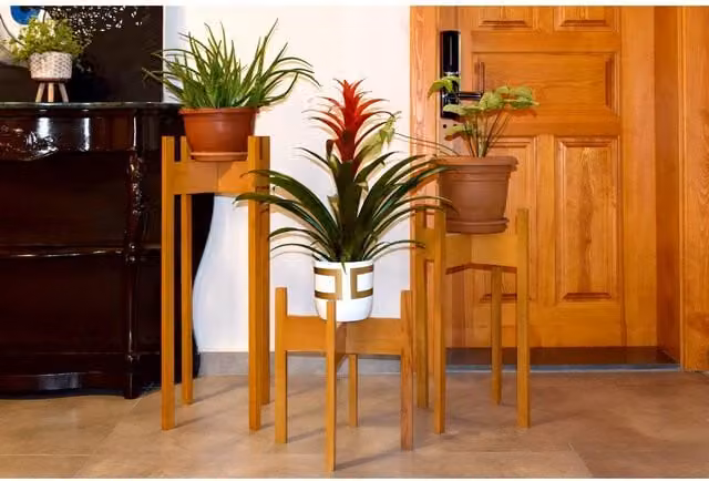 Decorotika Florny 3 Piece Modern Lacquered Beech Wood Plant Stand in White and Brown