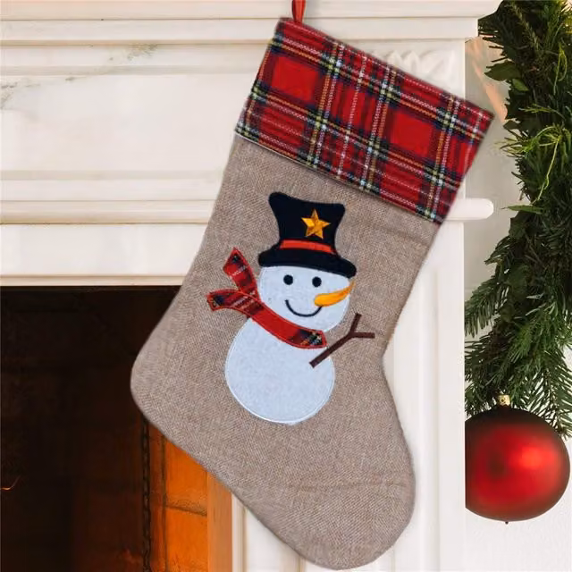 Shatchi Brown Snowman Christmas Stocking, Rustic Burlap Hessian Hanging Sack, W/H: 26 x 25 cm – 10