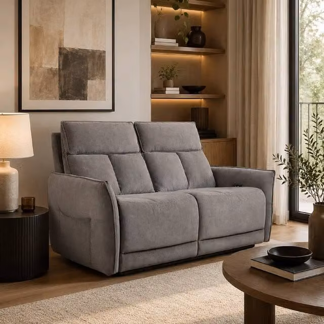 Aspire Grayson Two Seater Fabric Upholstered Power Recliner Sofa with USB Charging in Grey – 1