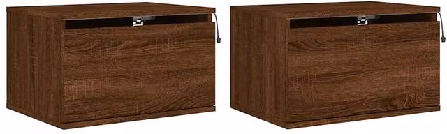 Berkfield Home Set of 2 Wall-mounted Modern Bedside Cabinets with Integrated LED Lights in Brown Oak – 1