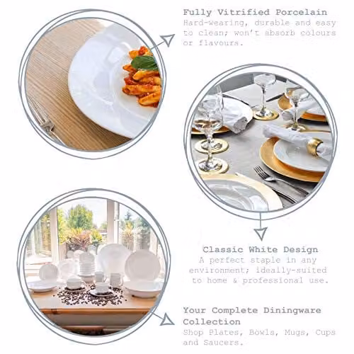 Argon Tableware 12-Piece Classic White Porcelain Dinner Plate Set, Diameter: 27 cm, Dishwasher and Microwave Safe