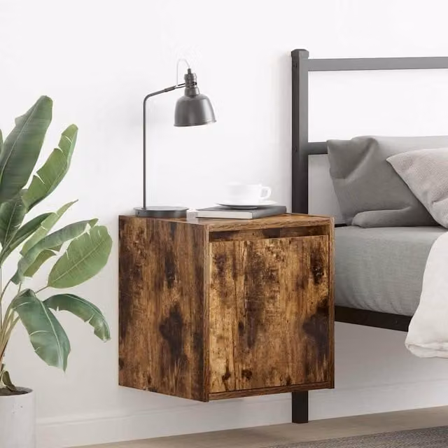 Berkfield Home Wall-Mounted Bedside Cabinet in Smoked Oak Brown, W/D/H: 38 x 34 x 40 cm