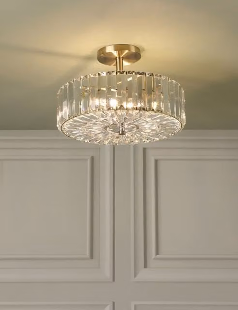 Laura Ashley Fernhurst Crystal Semi Flush Ceiling Light in Antique Brass