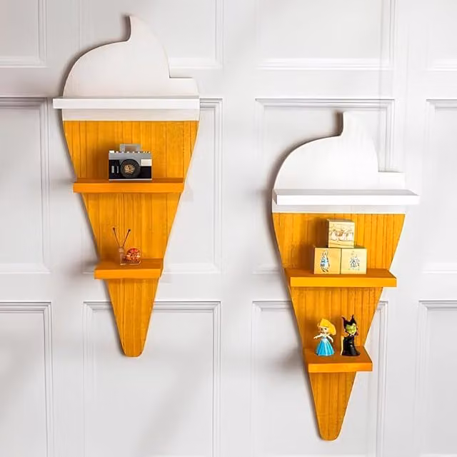 Marco Paul Set of 2 Ice Cream Floating Wall Shelves for Kids Bedroom and Nursery in Brown and Yellow