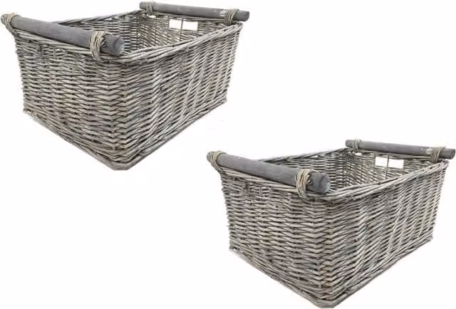 Topfurnishing Set of 2 Grey Open Weave Rattan Wicker Storage Baskets with Handles, Diameter: 30 cm