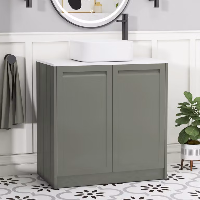 Royal Bathrooms Elmore 800mm Matt Green Floor Standing 2 Door Vanity Unit with Plain White Worktop and Elena Basin