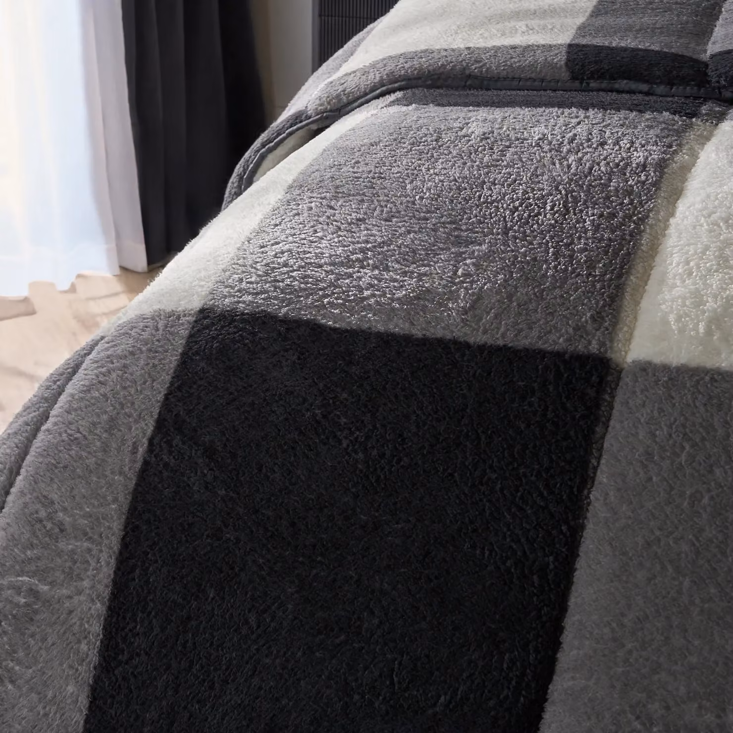 OHS Gingham Teddy Fleece Coverless Double Duvet and Pillowcase Set, 10.5 Tog, Grey, W/D/H: 200 x 200 cm – 8