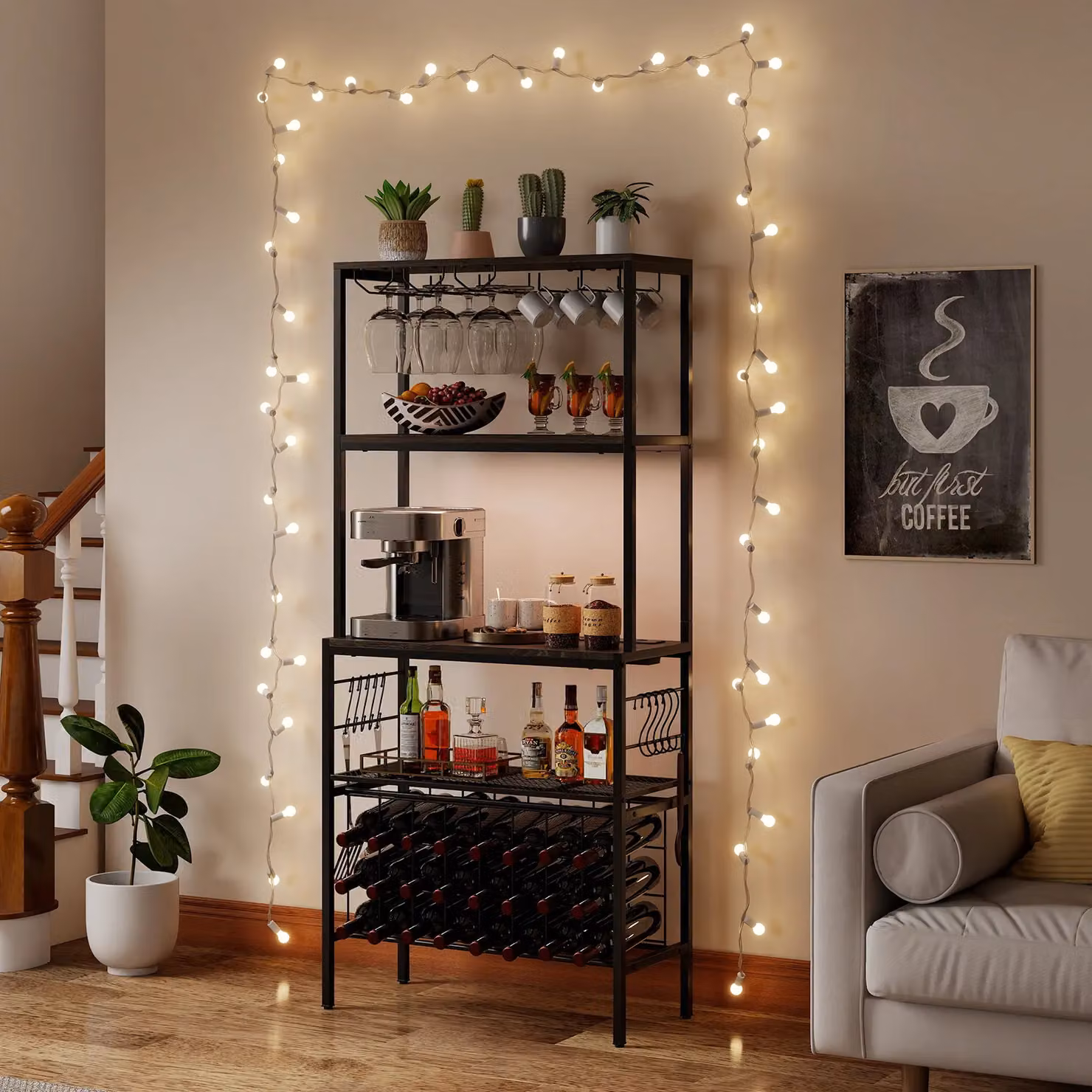 Costway Multi-Tier Wine Organizer Bar and Bakers Rack with Power Outlet in Grey – 3