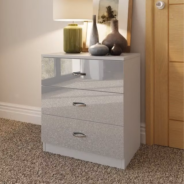 FWStyle Gloss Finish 3 Drawer Bedside Table in Grey