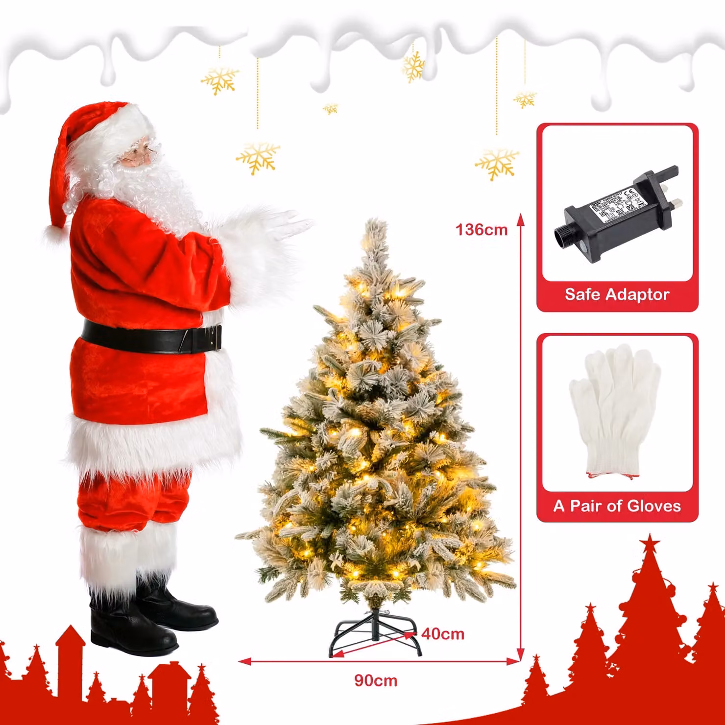 Gymax 136 cm Flocked Green Christmas Tree with 384 Mixed Tips and 150 LED Lights – 6