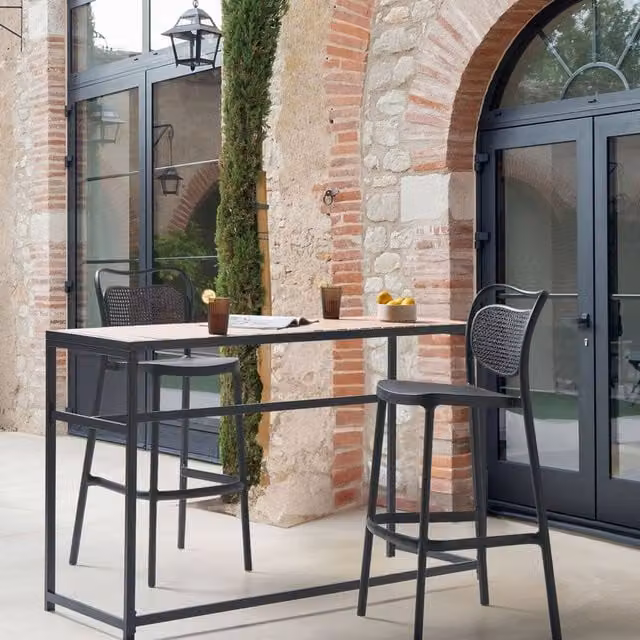 Wyld and Coco Set of 2 Black Retro Bar Chairs, Weatherproof Plastic Indoor Outdoor Seating