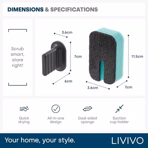 LIVIVO Pack of 10 Dual-Sided Washing Up Sponges with Blue Suction Holder – 8