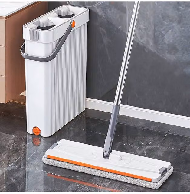Living and Home Flat Mop and Bucket Set with Wringer and Microfibre Scraper Head in White – 1