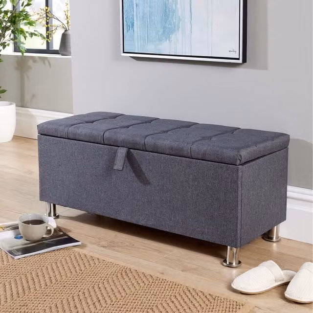 Home Source Pewter Padded Storage Ottoman in Grey