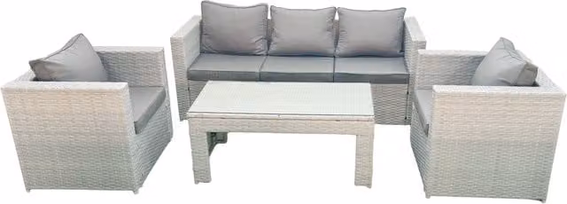 Fimous 4 Piece Rattan Garden Furniture Set in Grey with 2 Seater Sofa, 2 Armchairs and Coffee Table