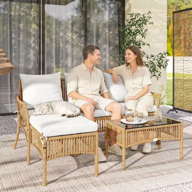 Outsunny 3 Piece Modern Rattan Garden Furniture Set in Beige
