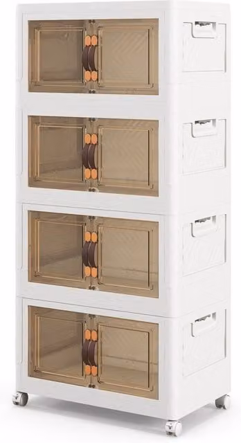 Costway 4 Pack Stackable Folding Storage Cabinets with Lockable Wheels and Glass Doors, White – 1